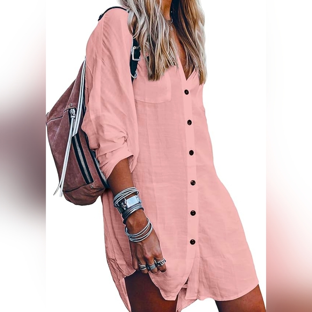 Pink Button-Up Cover Up Shirt